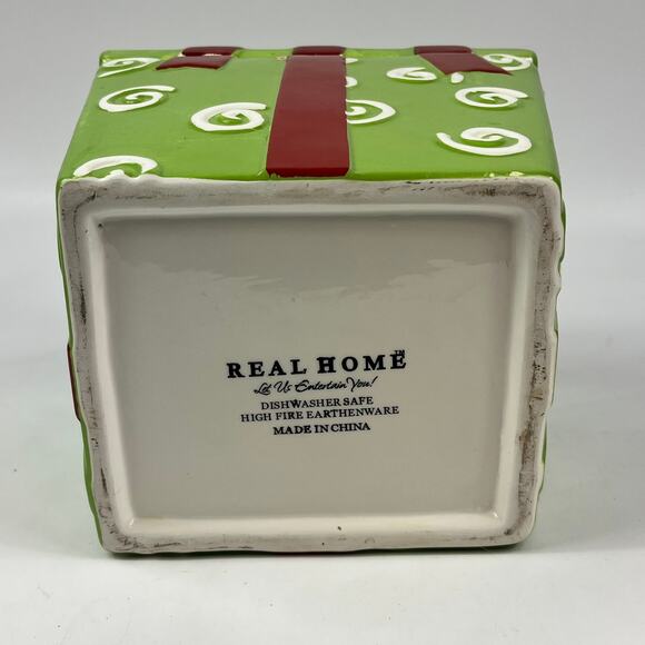 Ceramic Gift Box Canister Christmas Present Cookie Jar Green Red Ribbon Ceramic - Picture 7 of 16